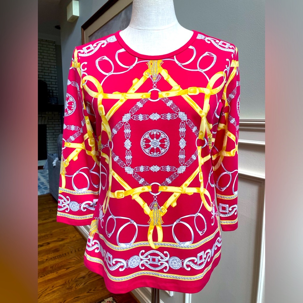 J. McLaughlin red and gold equestrian themed 3/4 sleeve top